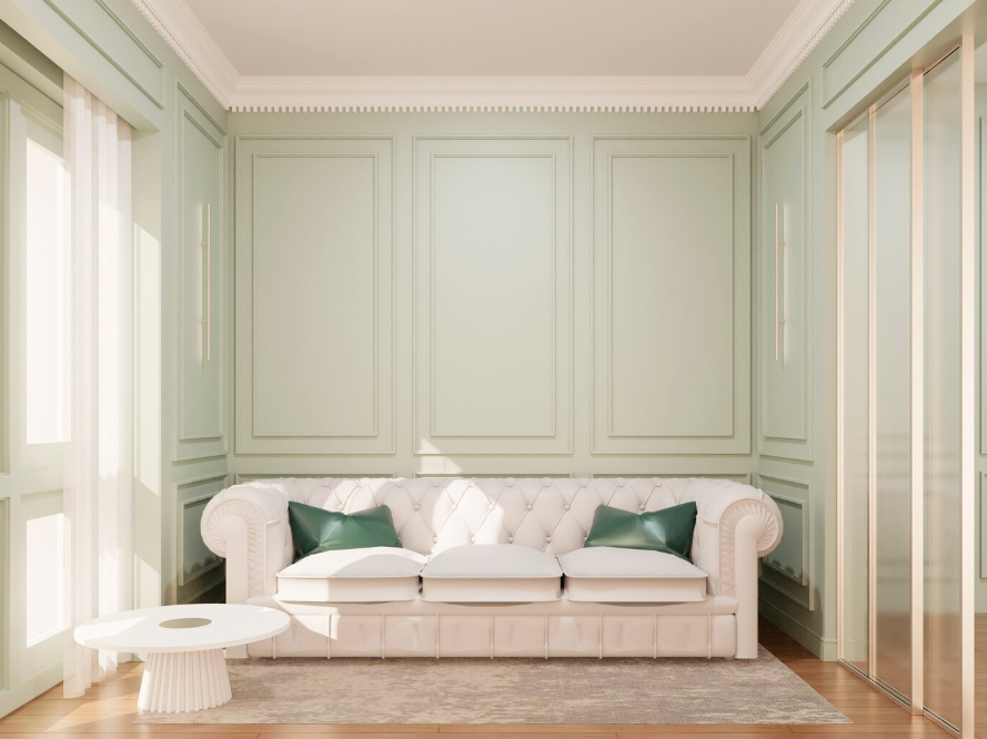 Salon élégant aux murs vert d'eau très clair avec boiseries, créant une ambiance douce et lumineuse, idéale pour un petit espace